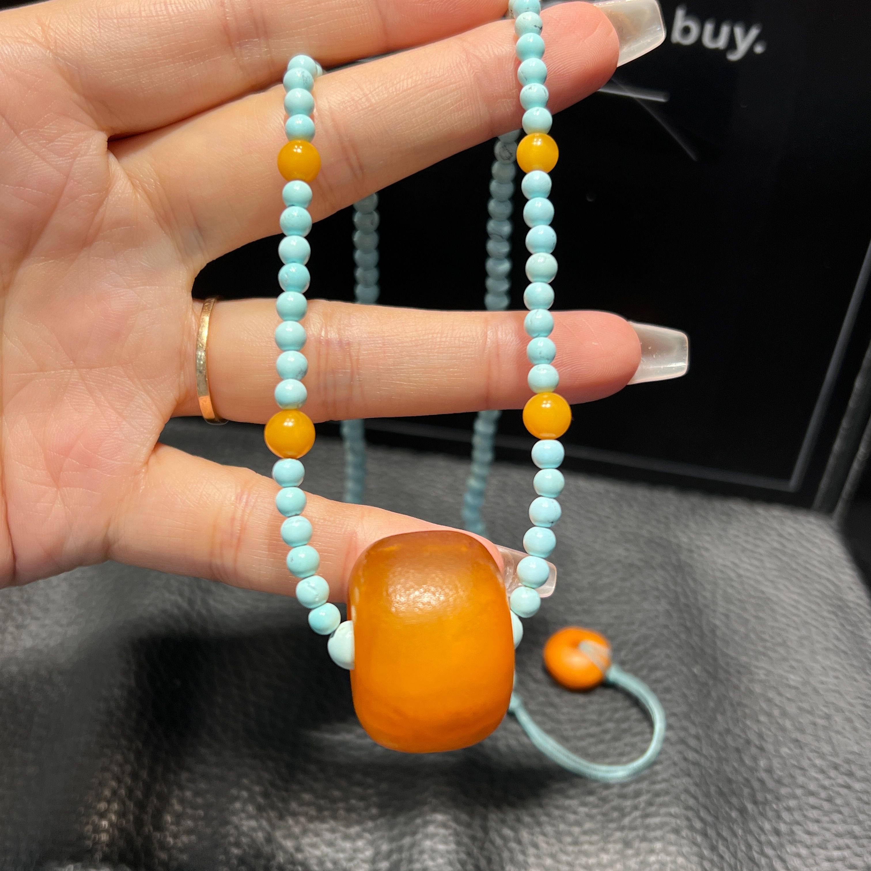 纯天然枣红色老蜜蜡桶珠锁骨链 绿松石原矿圆珠 女款保真节日礼物