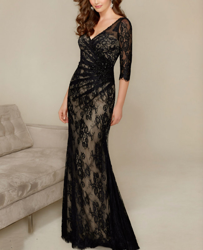 黑色晚宴礼服v领款中长袖大码显瘦商务晚宴舞台演出服主持人女