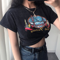 Young-GirlDay American retro made of old Black Loose Curls printed Short Thin Exposed Navel T-shirt Blouse