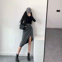 YoungGirlDay European and American overfire folds irregularly high waist pure color A character thin open fork half body dress