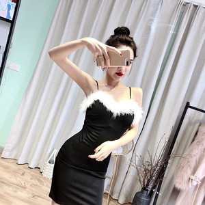 Nightclub sexy retro Plush suspender low chest open backpack hip dress