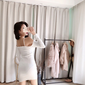 Sexy nightclub suspender off shoulder fur collar dress