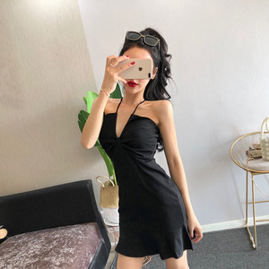 Lace up neckline U-neck cut sexy slim dress