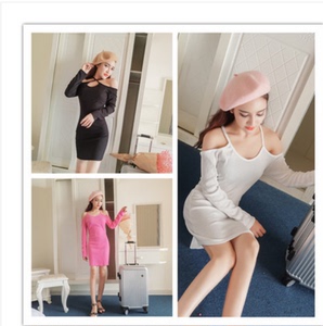 Fall / winter V-neck cross strap off shoulder back long sleeve slim wrap hip dress