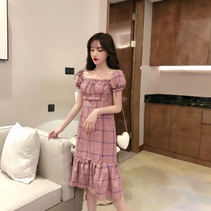 Plaid retro close waist one line collar open shoulder Ruffle fishtail dress