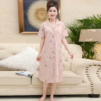 Middle-aged mother night dress womens summer short-sleeved cotton pajama skirt Middle-aged women loose cotton medium-long skirt