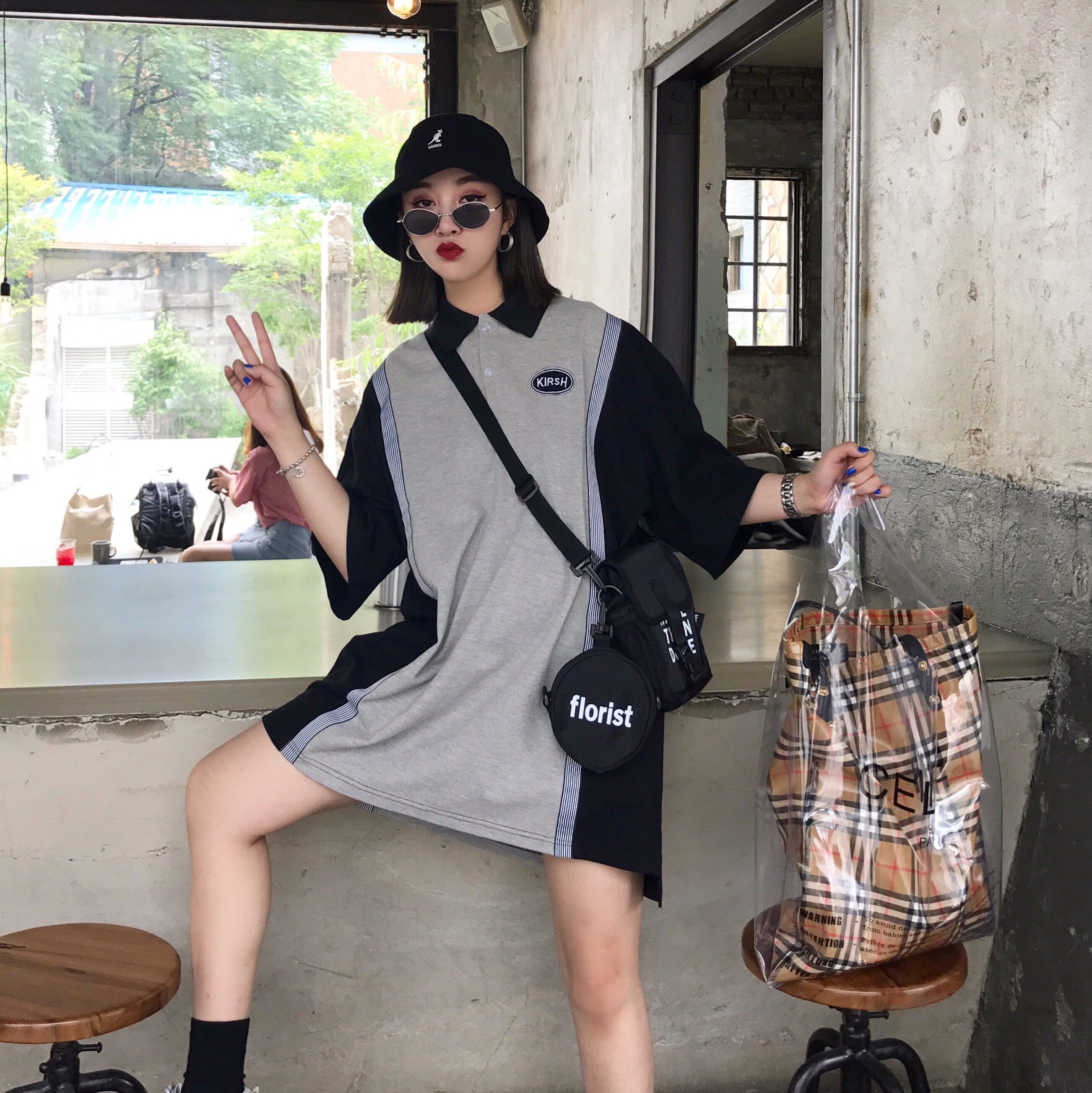 keikos stylish 港风polo衫女中长款下身失踪短袖宽松t恤
