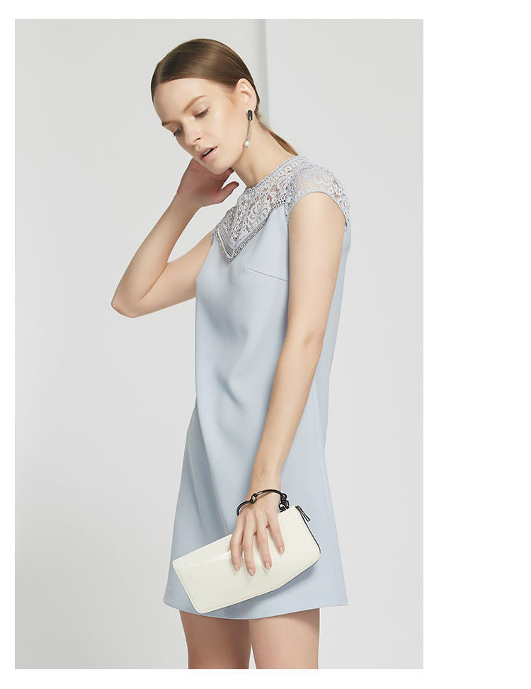 anmani/恩曼琳18夏新圆领镂空蕾丝拼接钉珠修身女连衣裙ean8ba59