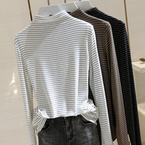 Pure cotton 100 hitch black and white striped half height collar bottom shirt woman long sleeve 2020 autumn winter season with a minimalist and close to the Korean version