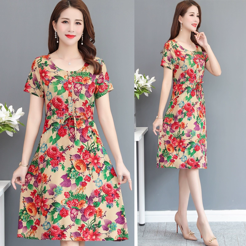 Mẹ váy rayon váy cotton lụa hoa cỡ lớn váy đi biển lỏng lẻo váy mùa hè của phụ nữ trung niên và cao tuổi - Sản phẩm HOT