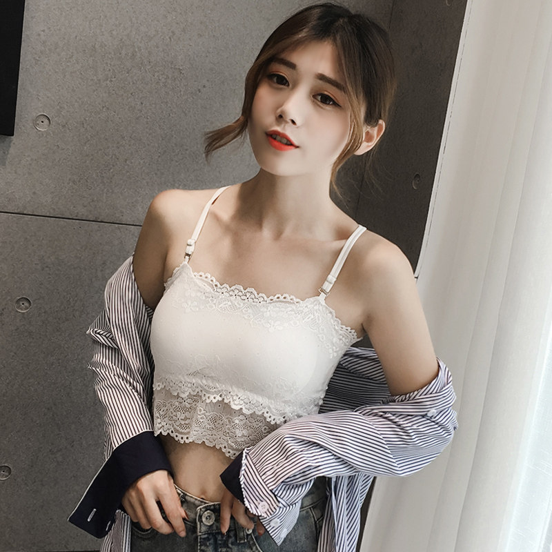 锥点蕾丝性感后背交叉裹胸抹胸带胸垫防走光打底背心吊带学生女