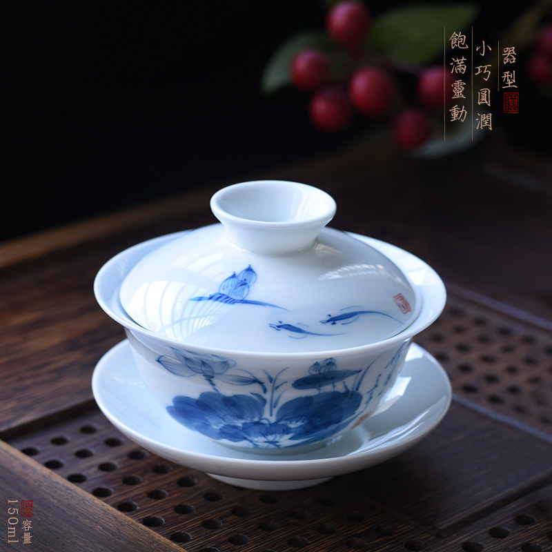 Hundred hong hand - made fragrant lotus tureen of blue and white porcelain ceramic cups kung fu tea set orchid landscape only three cups of tea bowl