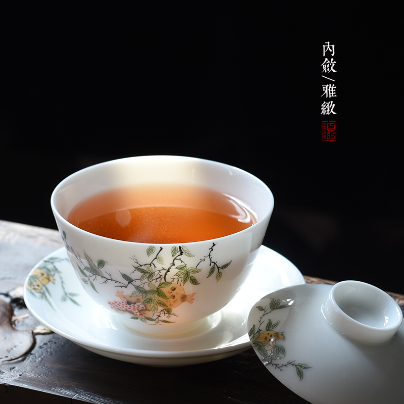 The New color only three tureen large cups of jingdezhen ceramic tea set jade mud hand - made pomegranate peach loquat tea bowl