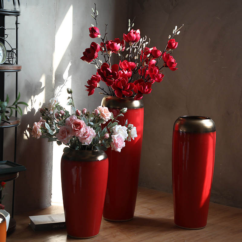 Ceramic floor big vase China red new Chinese style is I sitting room flower arranging furnishing articles contracted large red wedding celebrations