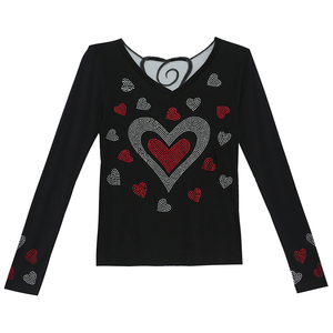 Autumn New Peach Heart Hot Drill Mesh Yarn Long Sleeve T-shirt 