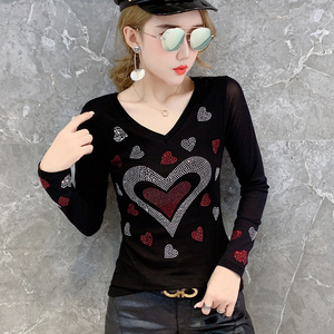 Autumn New Peach Heart Hot Drill Mesh Yarn Long Sleeve T-shirt 