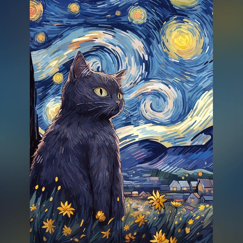 数字油画手工diy梵高星空猫咪油挂画填色老虎装饰画高级节日礼物