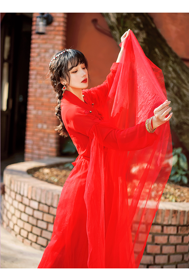 红色汉服女秋季中国风古装襦裙仙气古风套装改良连衣裙沙漠红裙 - 17