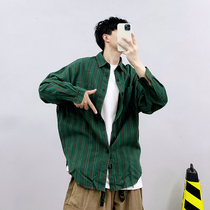 PGUP STUDIO SPRING STREET TRENDS HANDSOME Loose Retro Stripes Fall Shoulder long sleeve shirt Men INS