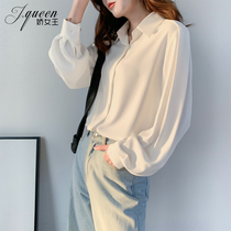 White shirt women long sleeve base chiffon shirt loose hanging Spring Autumn new retro port flavor loose lantern shirt