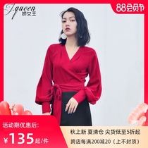 Lantern sleeve shirt womens v-neck top spring niche design lace-up high waist short chiffon red long-sleeved shirt