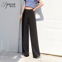 High waist wide leg pants womens summer thin retro gray cross irregular loose straight casual suit long pants