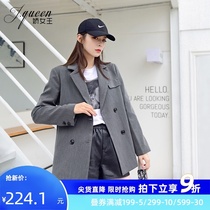 Gray small blazer womens 2021 spring and autumn coat new Korean version of temperament double-breasted slim net red small suit