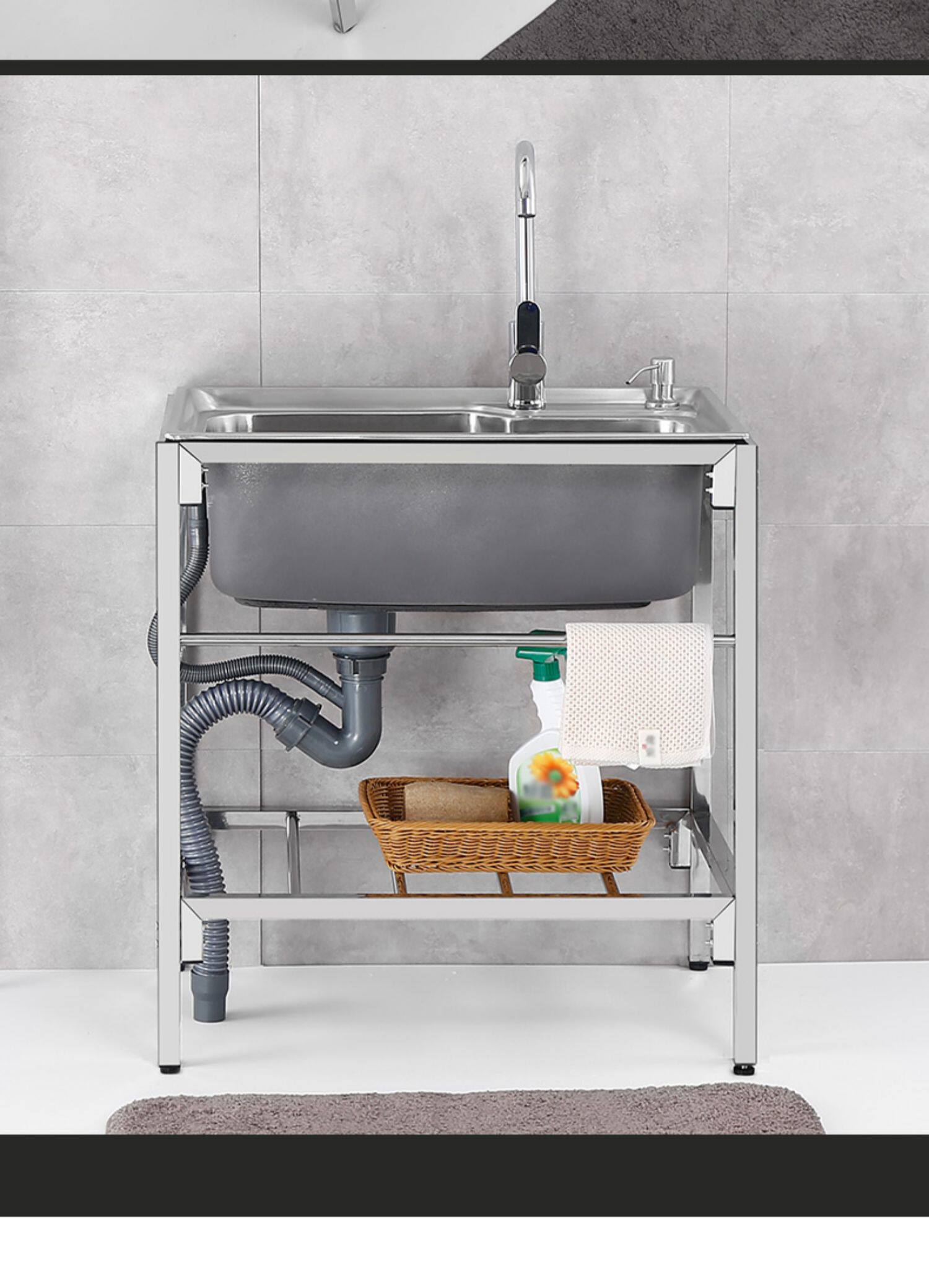 简易水池家用厨房不锈钢水槽带支架单槽洗手池双槽洗菜盆洗碗池子