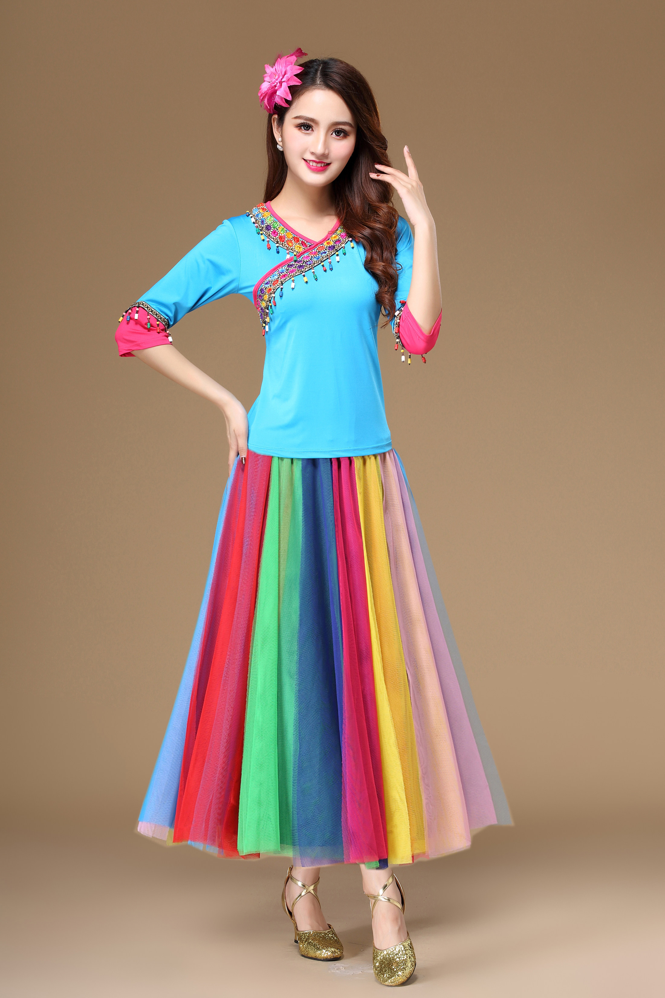 藏族舞蹈服广场舞服装 新款套装 表演跳舞演出服七彩大摆舞长裙