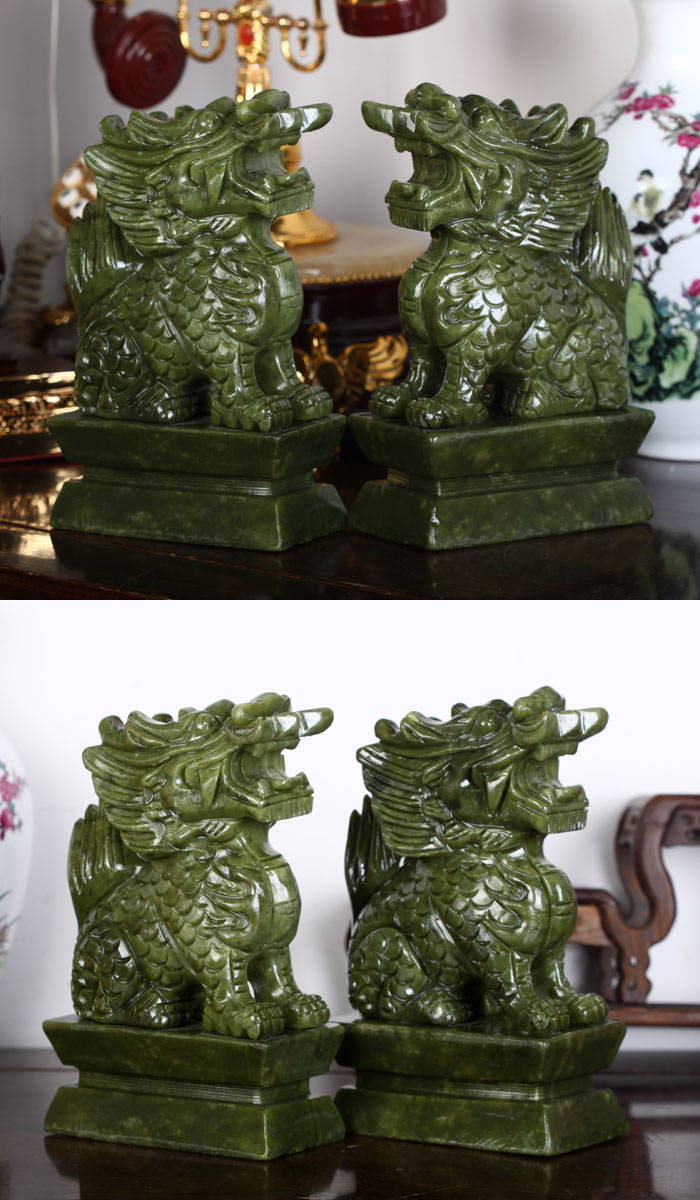 天然南玉麒麟摆件一对 招财送子镇宅 玉石工艺品