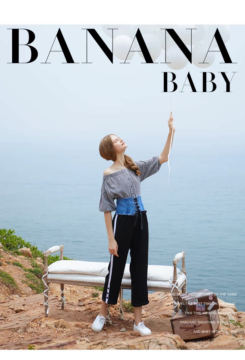 prada2020秋冬腰封 BANANA BABY2020夏款甜美一字領腰封襯衫女綁帶修身兩件套襯衣潮 prada2020秋