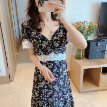 New clothes room French romantic black bottom purple flower waist lace V-neck short-sleeved silk dress