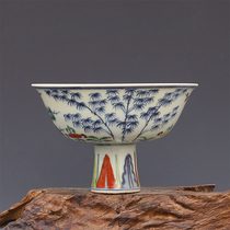 Ming Chenghua blue and white bucket color Pine Bamboo Plum pattern high foot Bowl Palace Bowl antique porcelain antique antique porcelain antique porcelain collection