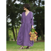 No good see city 100% salt hemp hemp literary art V collar dress (tail)