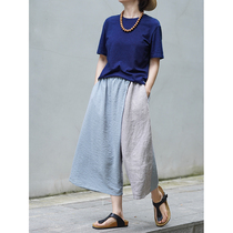 No good silk silk hemp coloured splicing muscle shaped pants tight waist casual pants (Qingqing 2)
