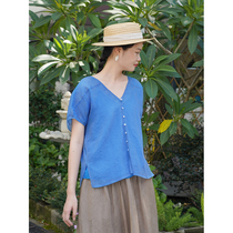 No good see the city of Japan imported silk cotton V collar blue light shirt