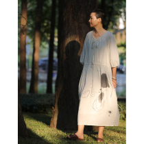 No Good See City Han Hemp Linen Blend Loose ink printed one-piece dress (such as about to)