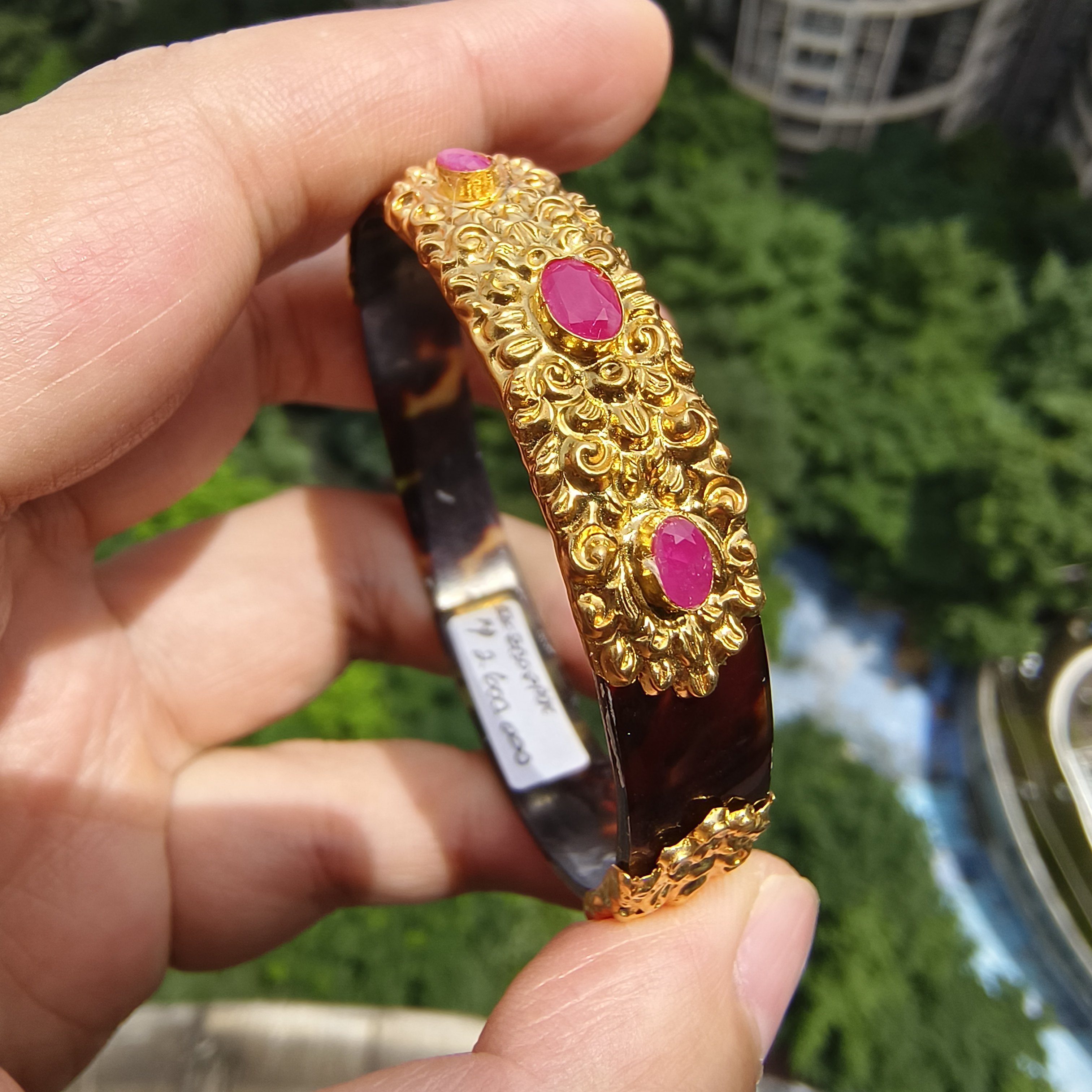 乌龟壳手镯 纯银镀金红宝石 手工制作