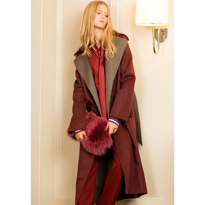 grandi 2017 双面羊绒翻驳领波斯羊拼接中长款系腰带大衣_7折现价1