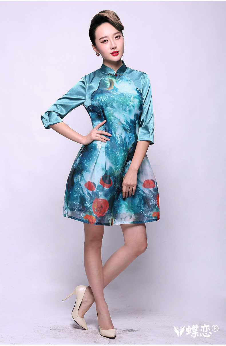 蝶恋2017夏装女装复古七分袖改良时尚立领旗袍扣连衣裙