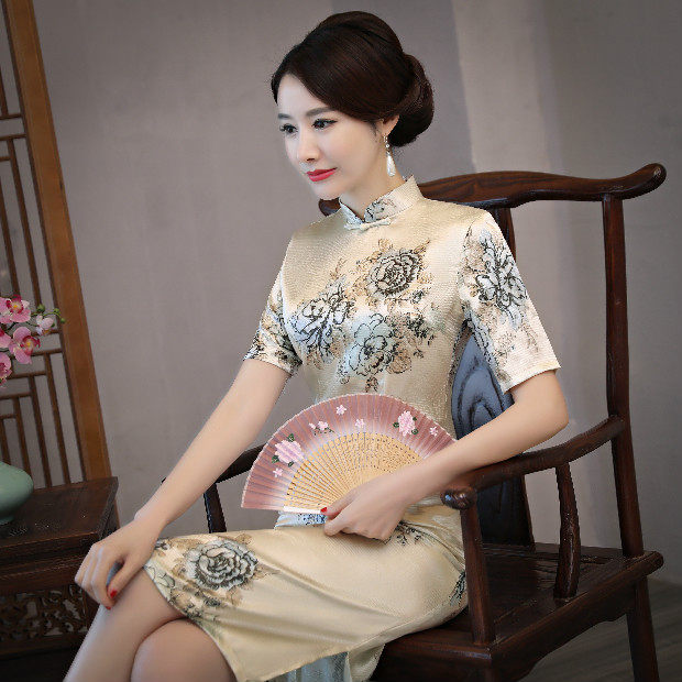 中年女旗袍2018新款中老年50岁妈妈连衣裙夏季高贵端庄大气中长款