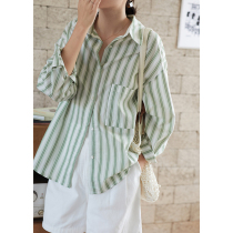 MISAZ this issue recommends green stripes retro apricot loose thin striped shirt summer and autumn wear