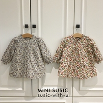 mini susic Korean childrens clothing girls floral double clip cotton long sleeve dress