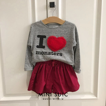 This issue of heart selection 1-6 years old European and American girls baby love long sleeve T-shirt dark red shorts (separate shot)