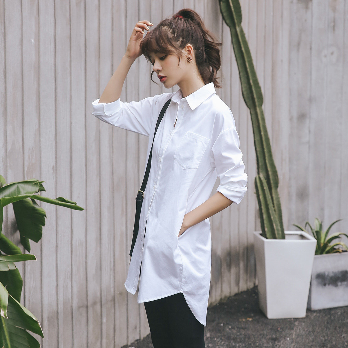 bf风纯白色oversize弧形下摆中长款衬衫
