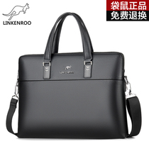 Kangaroo men's horizontal handbag business briefcase leather waterproof travel 14 inch computer bag leather shoulder bag