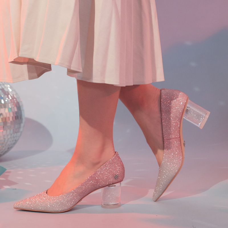 grace gift迪士尼冰雪奇缘高跟鞋女婚鞋粗跟尖头性感水晶鞋公主鞋