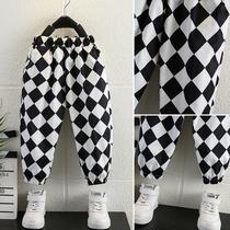 Male Spring Autumn Chemical Fiber Casual Anti-mosquito Pants Casual Home Cute High Waisted Chessboard G White Handsome Qi High Quality Quantity Good