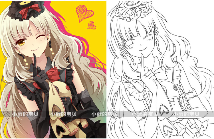 动漫线稿 彩色对比图 手绘人物漫画绘画 上色临摹练习必备素材