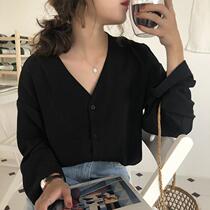 South Korean minimalist pure color temperament 100 hitch long sleeve shirt schoolgirl summer loose snow spinning V collar lining clot